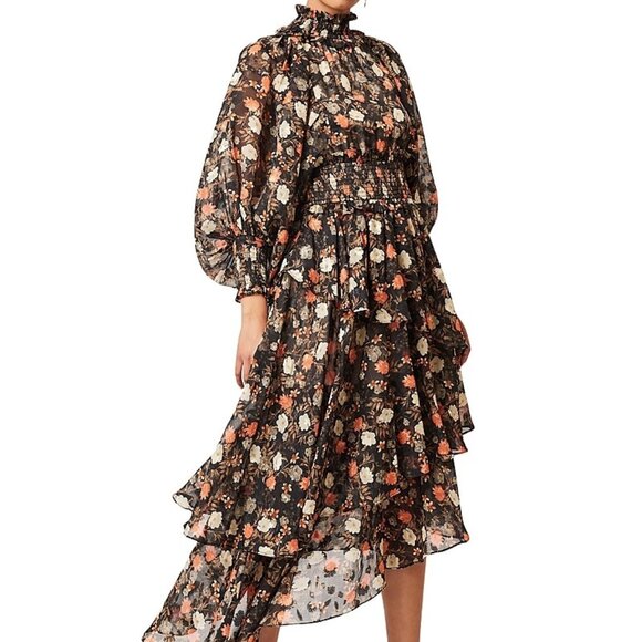 250$ Elliatt Astrid Smocked Mock Asymmetric Ruffle Tiers Dress Size S Multicolor - Picture 1 of 1